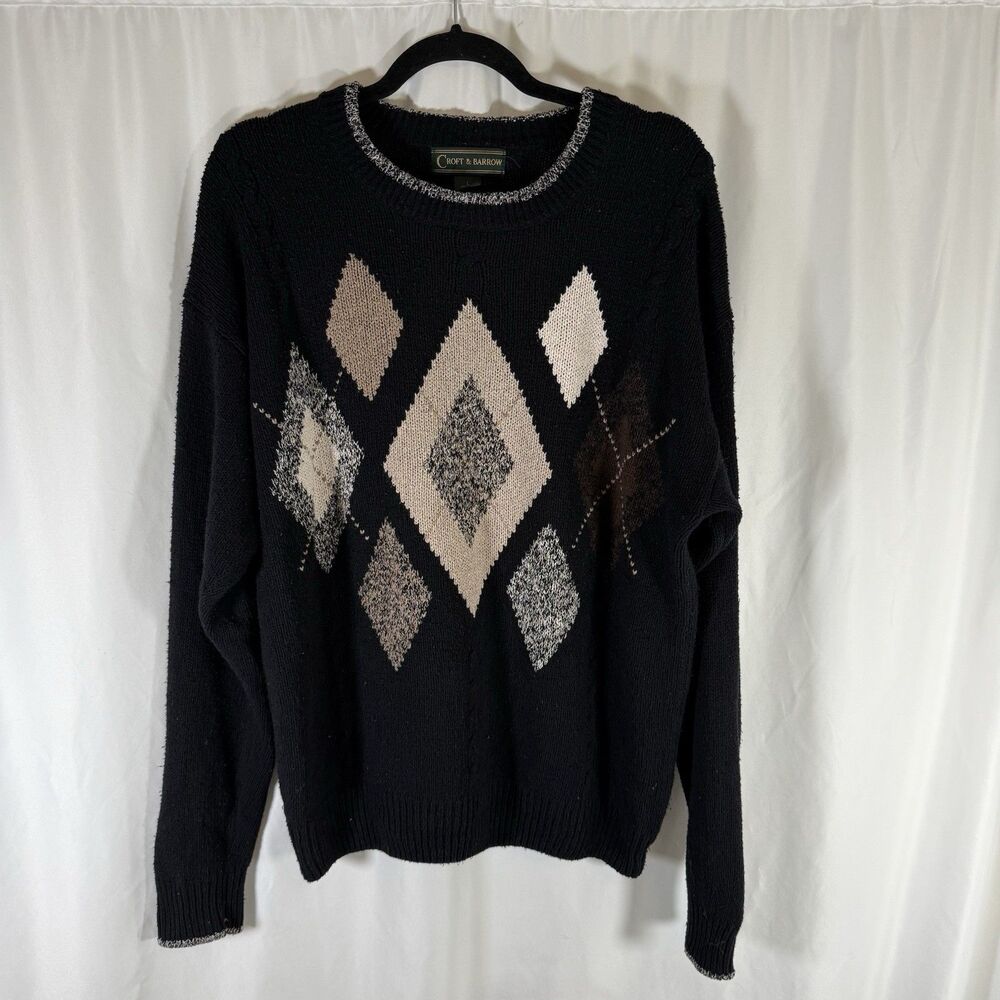 Croft & Barrow 100% Silk Sweater Men's Large Black Geometric Knit Pullover